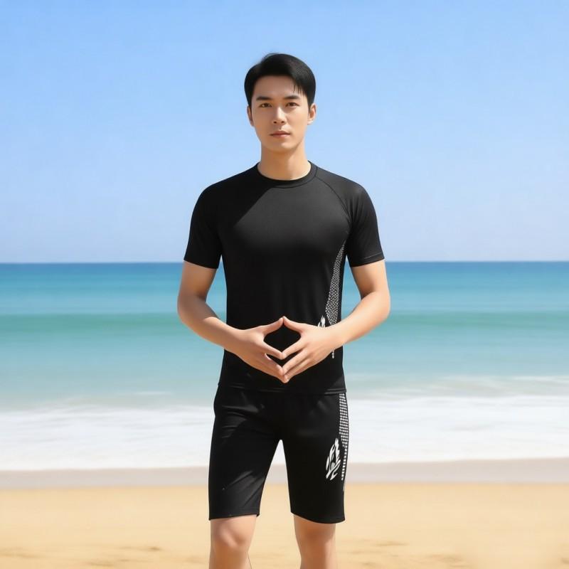 Swimsuit Conservative Men's Suit Adult Five-point SPORT Swimming Trunks Tight Short-sleeved Sunscreen Hot