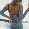 Ladies Spring Autumn Long Sleeve Round Collar Backless Striped Slim Fit Pullover Bare Midriff T Shirt Top