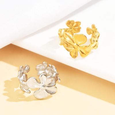 Elegant Floral Open Ring: 18K Gold-Plated Stainless Steel Jewelry for Women