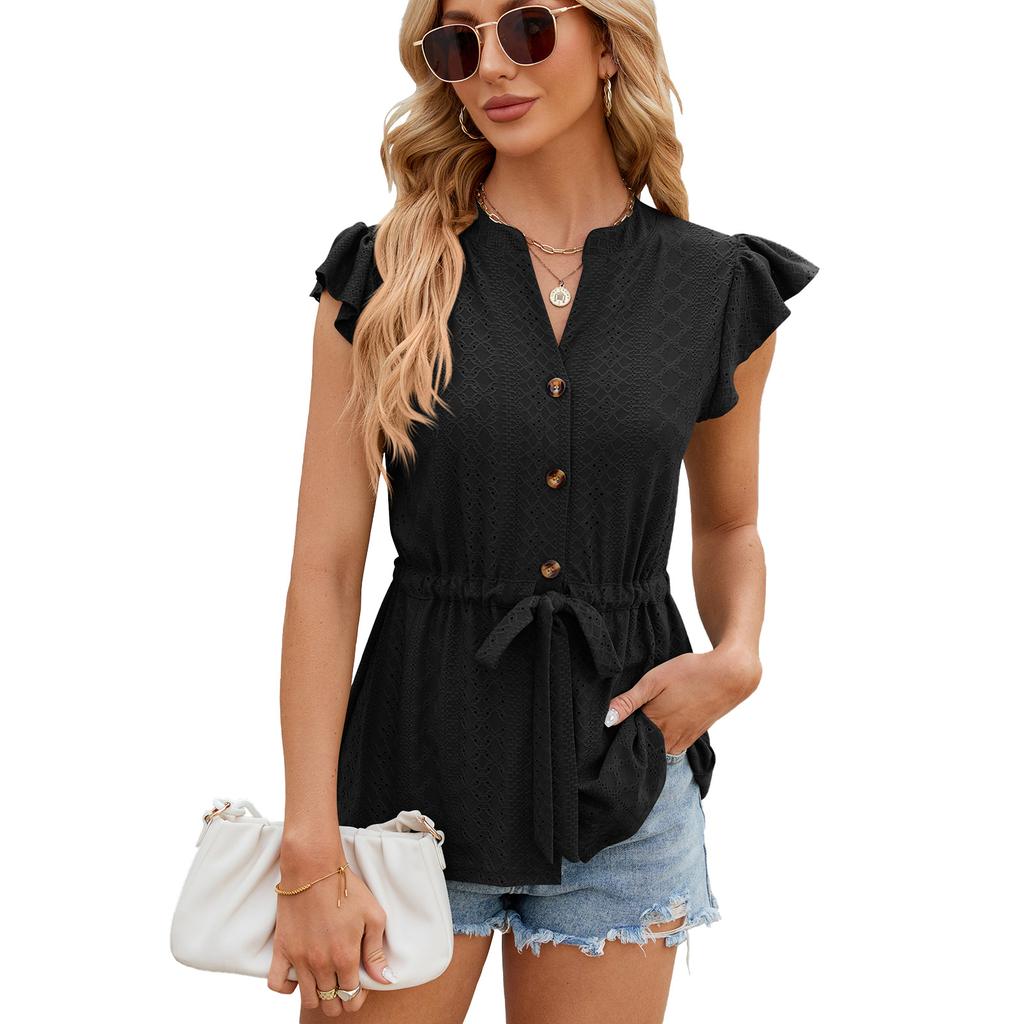 Summer Women's T-shirt Solid Color Button Up Loose T-shirt Top
