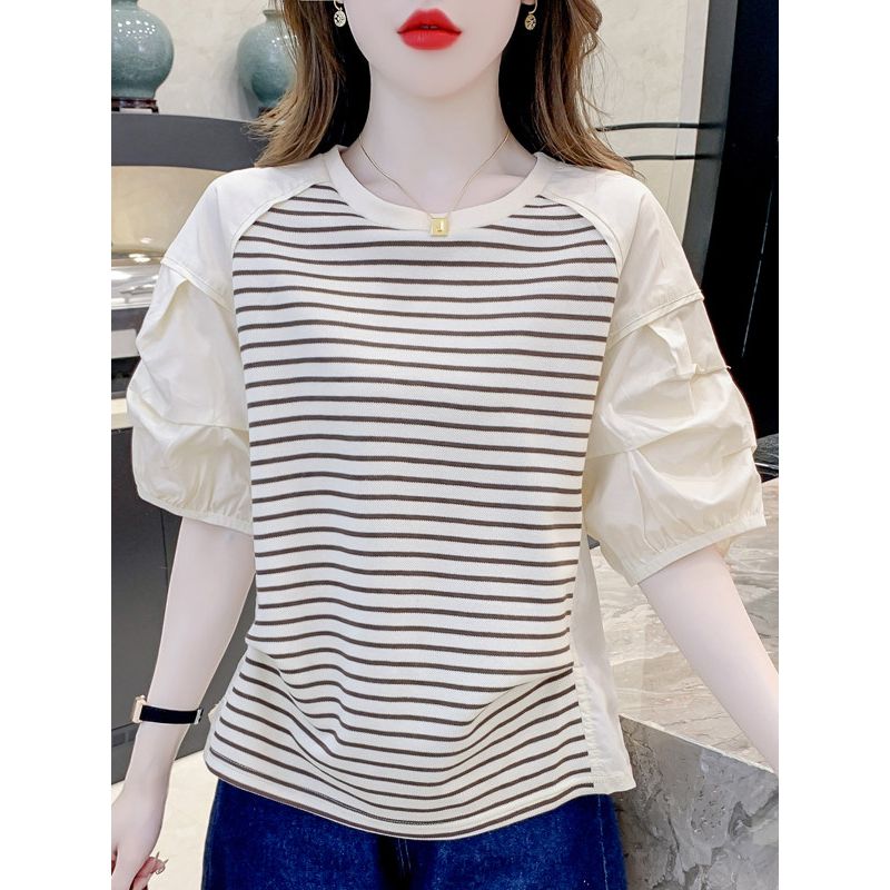 Women's Summer Short-Sleeve T-Shirt 2026 New Design for Petite Figures, Unique Striped Patchwork Shirt-Style T-Shirt, Stylish Top