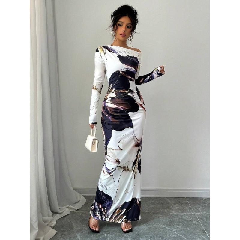 European & American Trendy Long-Sleeve Asymmetrical Neckline Dress