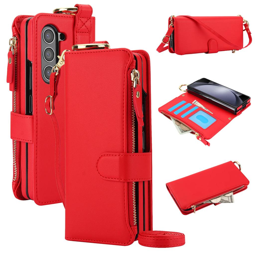 Crossbody Leather Phone Case with Card Holder Zipper Wallet Wristband for Samsung Galaxy Z Fold 7 6 5 4 3 Kickstand Cover