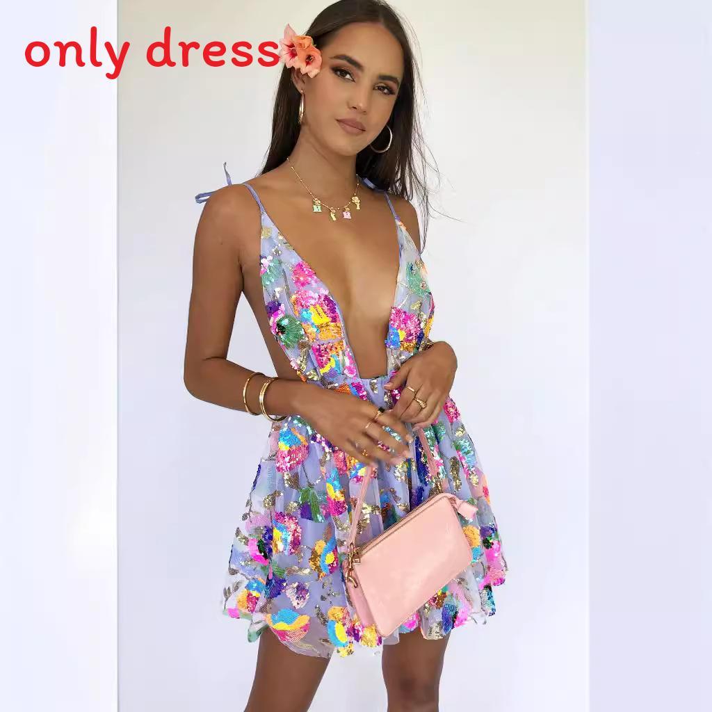 Elegant Polyester Sequin Short Dress With Vneck And Backless Design For Summer Party Wear