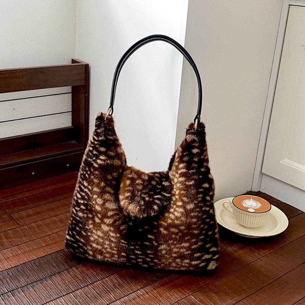 Deer Spot Fluffy Shoulder Bag Leopard Print Women Handbag Elegant Plush Tote Bag  Dating