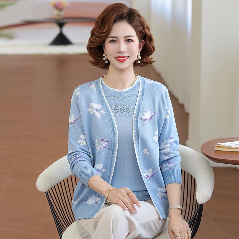 

Stylish Knit Cardigan Two-Piece Set for Middle-Aged and Elderly Women - Elegant Spring/Autumn Printed Top 2XL (suitable for 120-135 jin) синий