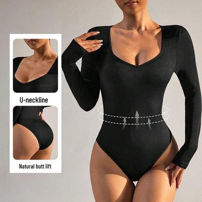 Women's Seamless Tummy Control Body Sculpting Bodysuit: Long Sleeve, Waist-Slimming, Butt-Lifting, Abdominal Tightening.