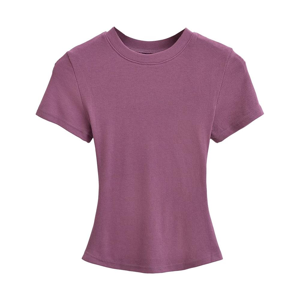 Trendy Women's Ribbed Slim Fit Short Sleeve T-Shirt with Sexy Round Neck and Straight Shoulders.