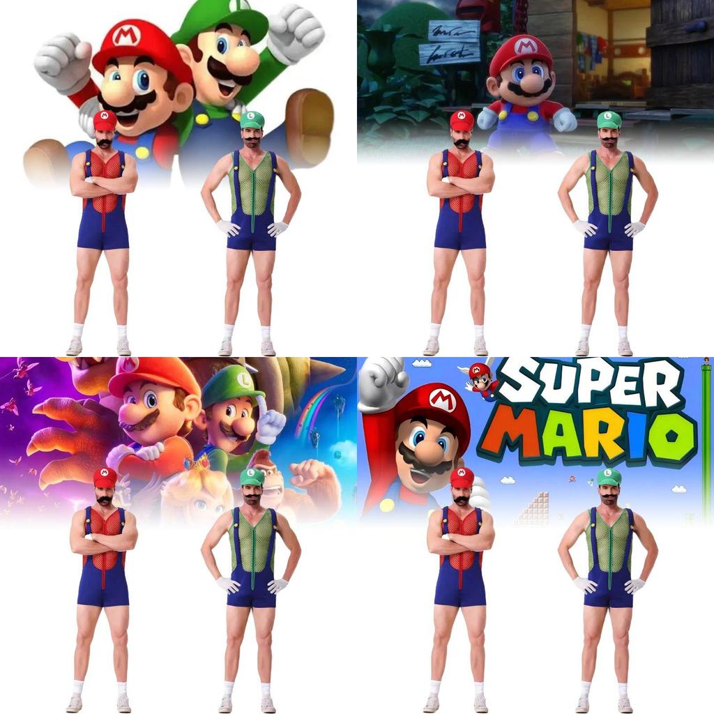Conjunto de Disfraz de Mario Único Con Sombrero, Guantes, Bigote y Tirantes Para Adultos