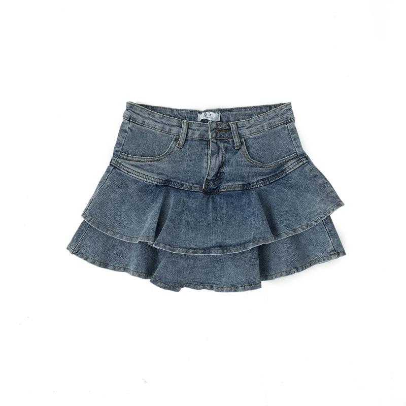 Girls Denim Skirt Anti-Slip Double Denim Skirt Women s Stretch High-Waisted Slimming A-Line Cake Skirt S