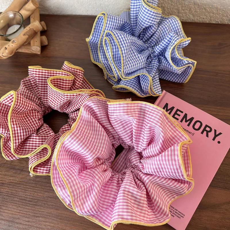Retro Colorful Lattice Ruffles Hair Scrunchies Headbands for Womens Girls Sweet Romance Hair Rope Rubber Band Hair Accessories