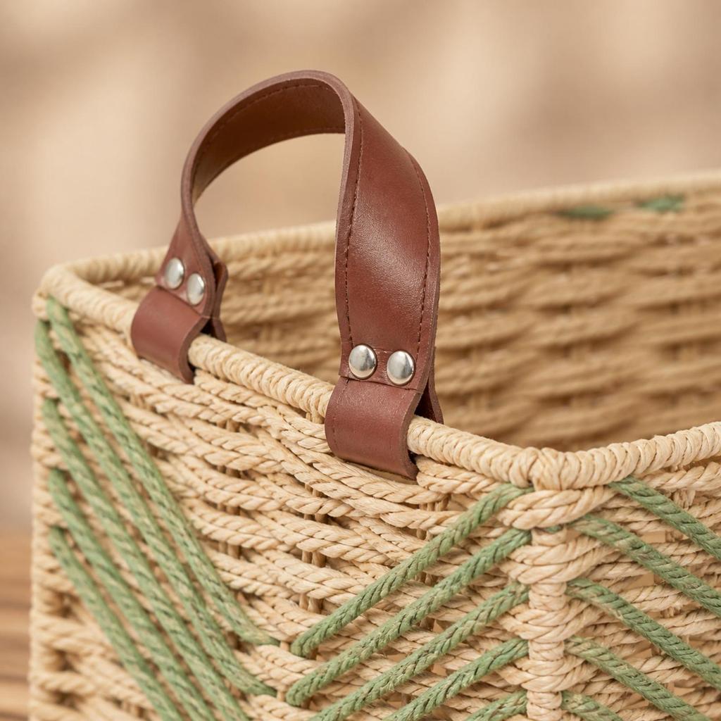Rectangular Storage Basket with Leather Handles Open-Top Desktop Woven