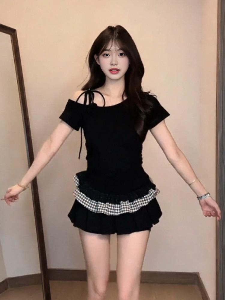 Korean design hem lotus leaf splicing plaid short-sleeved t-shirt summer Korean hottie slim and thin slanted shoulder tide