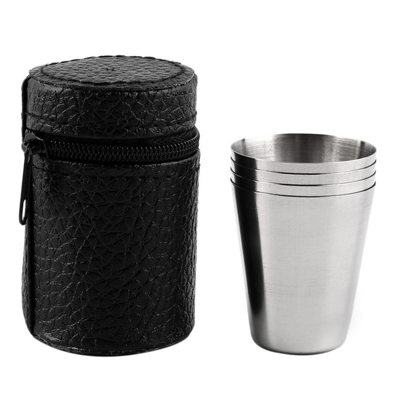 Polished 70ML Mini Stainless Steel Shot Glass Cup Drinking Wine Glasses With Leather Cover Bag Whisky Wine Portable Set