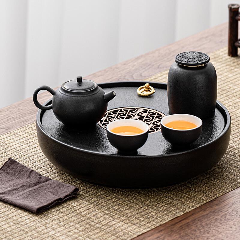 Gold Inlaid Jade Black Pottery Travel Tea Set