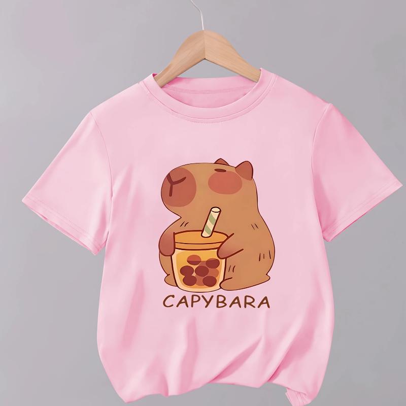 Pure Cotton T-shirt "CAPYBARA Capybara Milk Tea" Print, Fashionable Children's Round Neck Breathable Short-sleeved for Girls.