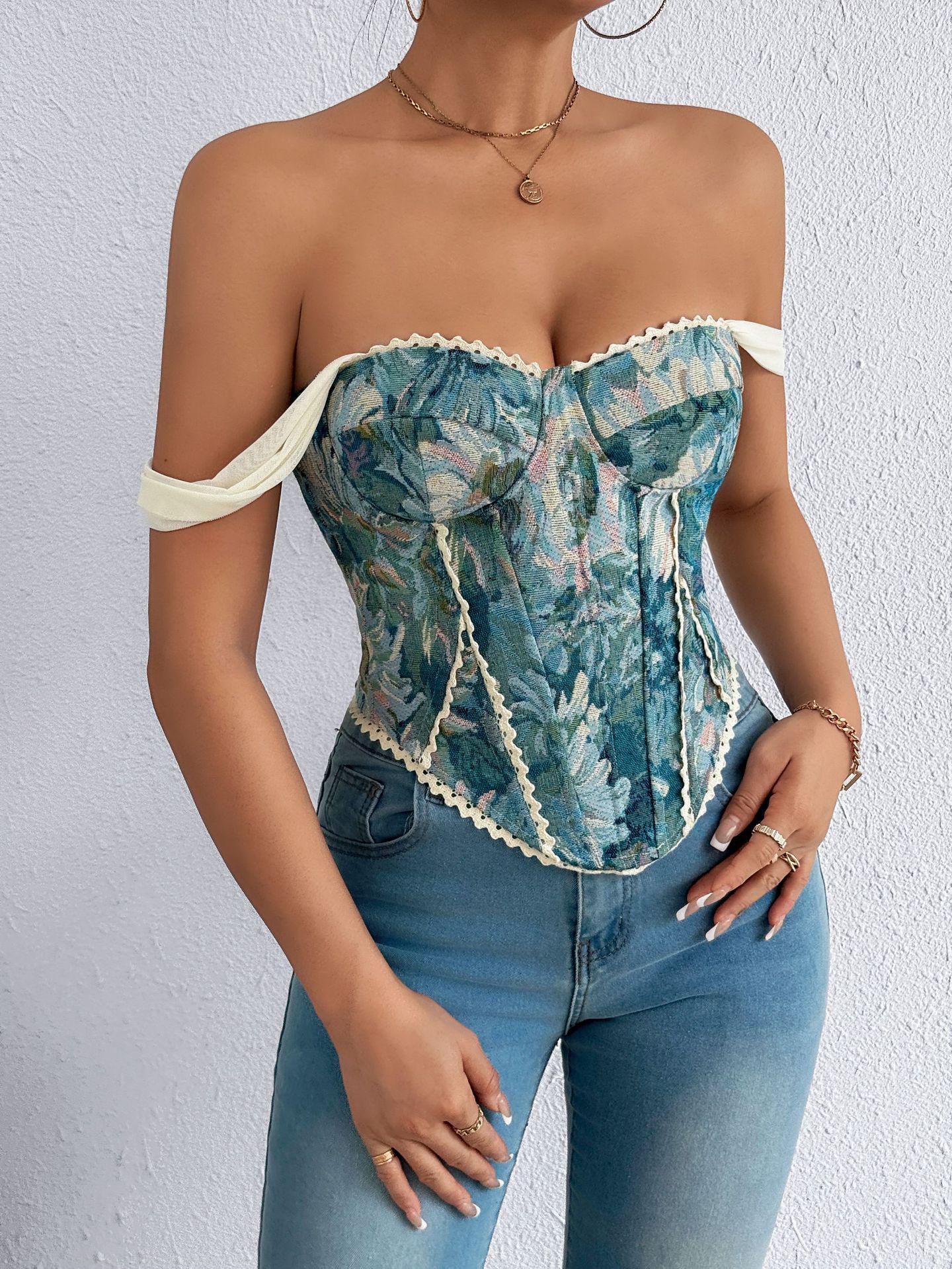 

Women s Retro French Jacquard Fishbone Bustier Corset Vest S павлин голубой