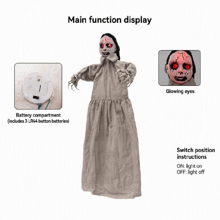 Electric Skeleton Girl Decoration for Halloween Party Entryways, Hanging Motor Animated Figure With Long Dress, Dark Hair, and Skeletal Hand