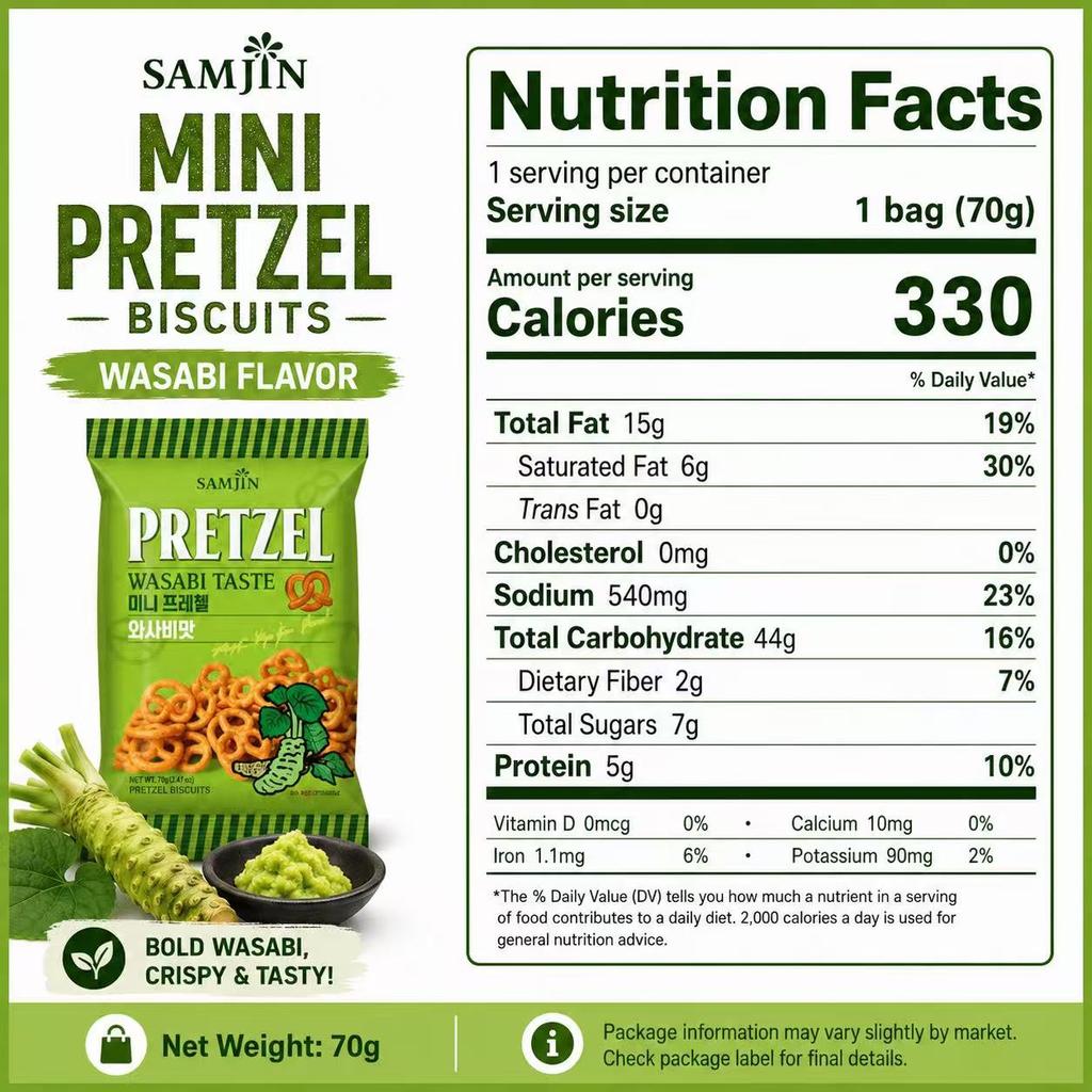 SAMJIN Mini Pretzel Biscuits 70g Wasabi Flavor | Crispy Crunchy Texture, Spicy Wasabi Flavor, Convenient Snack