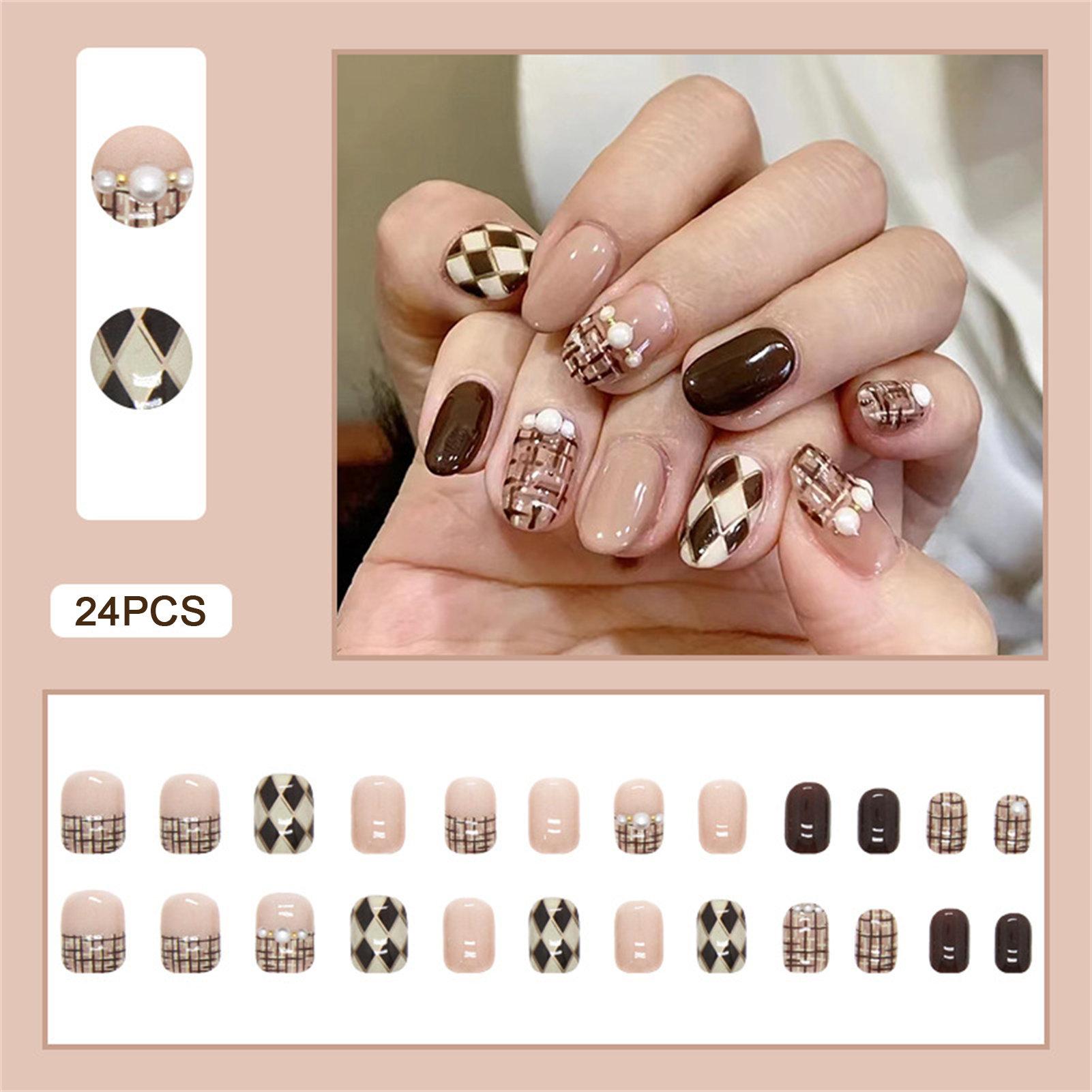 24PCS French Style False Nails Marble Pattern Gold Glitter False Nails Acrylic False Nails Removable Adhesive Press on Nail