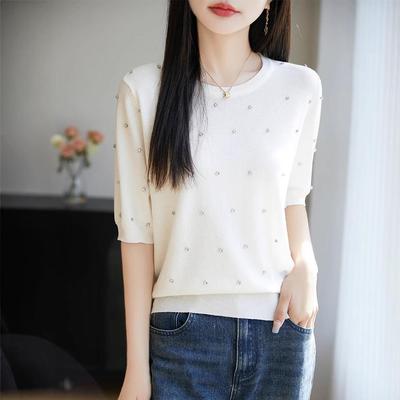 Women's Curved Beaded Round Neck Knitted Sweater - Short Sleeve, High-End Summer Top