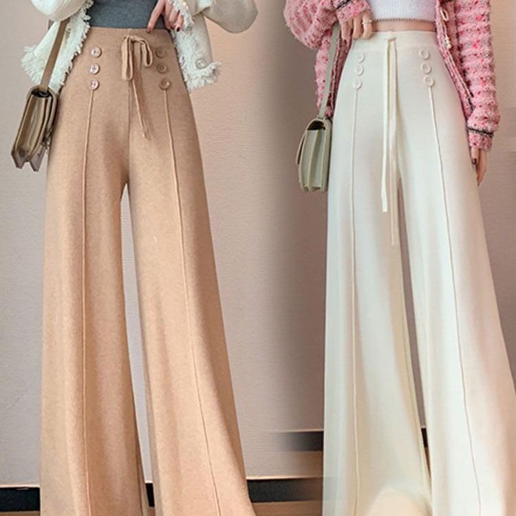 2025 Women's High-Waisted Slimming Wide-Leg Knitted Pants - Autumn/Winter Style, Loose Fit, Straight-Leg Design