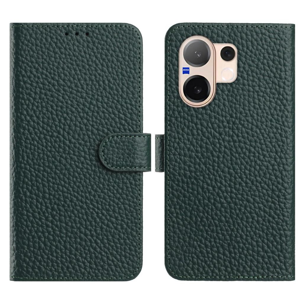 For vivo V60 5G Case Wallet Stand Litchi Texture Genuine Cow Leather Flip Phone Cover