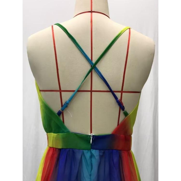 Deep V Halter Summer Casual Long Rainbow Dress Women