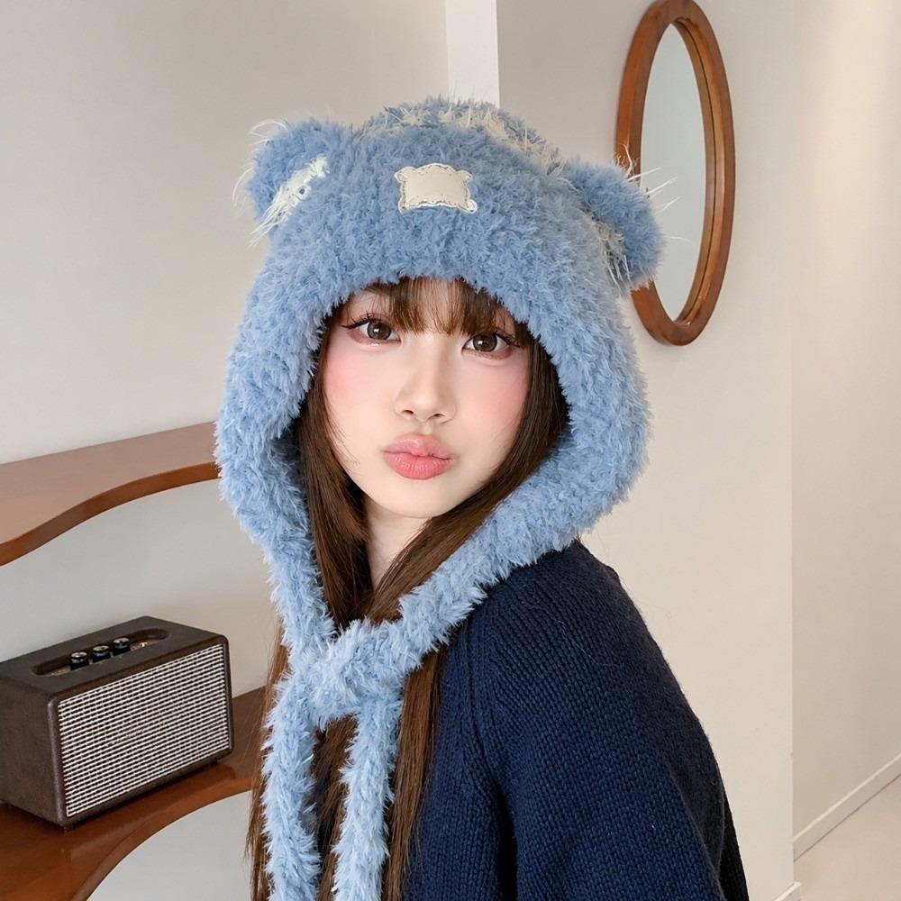 Cartoon Bear Ear Plush Knitted Hat Keep Warm Bear Ears Beanie Lovely Ear Protective Cap For Women