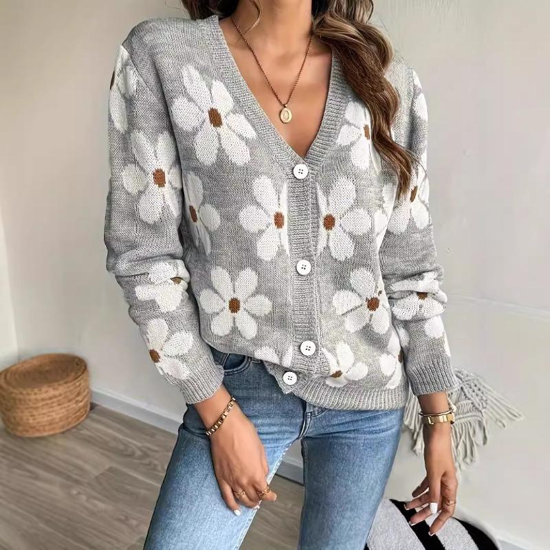 Women S V Neck Knitted Cardigan Floral Pattern Sweater Autumn Winter Outerwear
