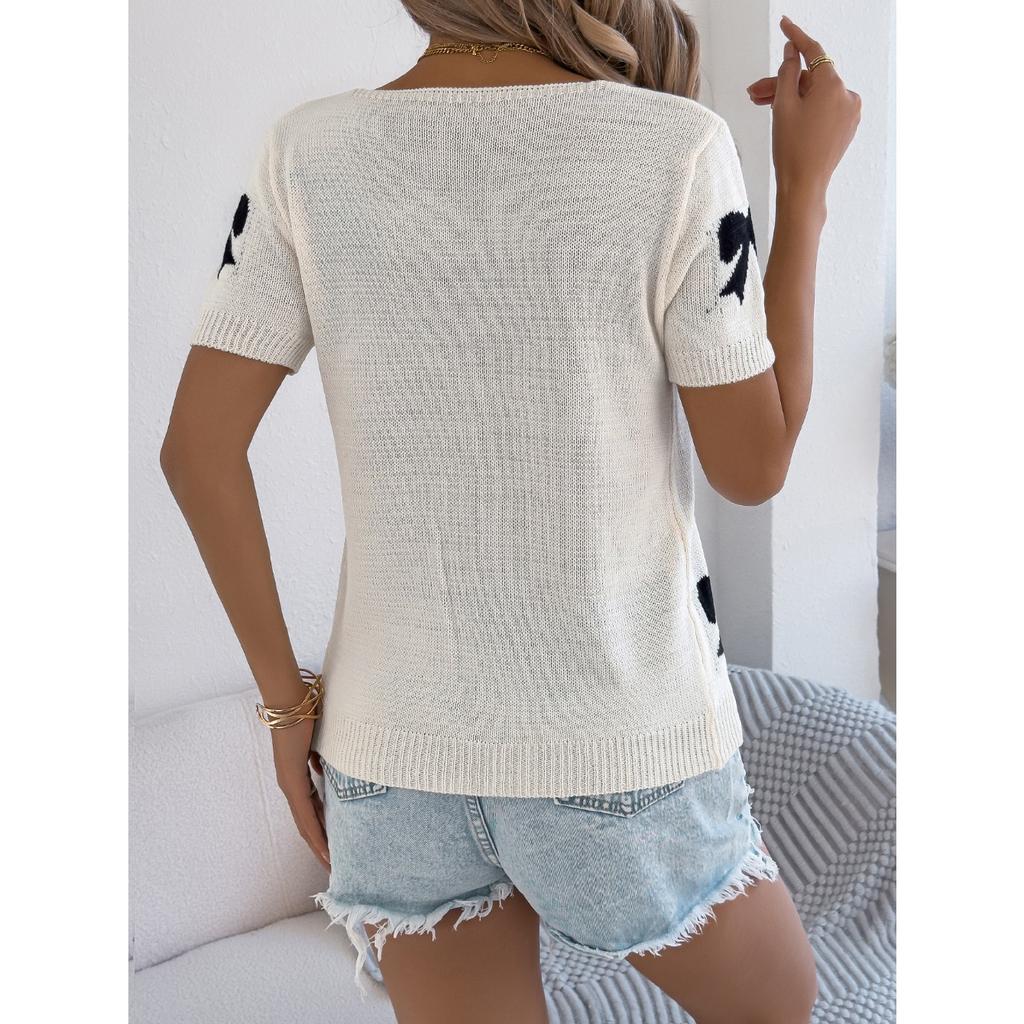 QICED Spring Summer Casual and Sexy Color-blocking Bow Tie Knit Sweater Vacation Cardigan Women's Wear