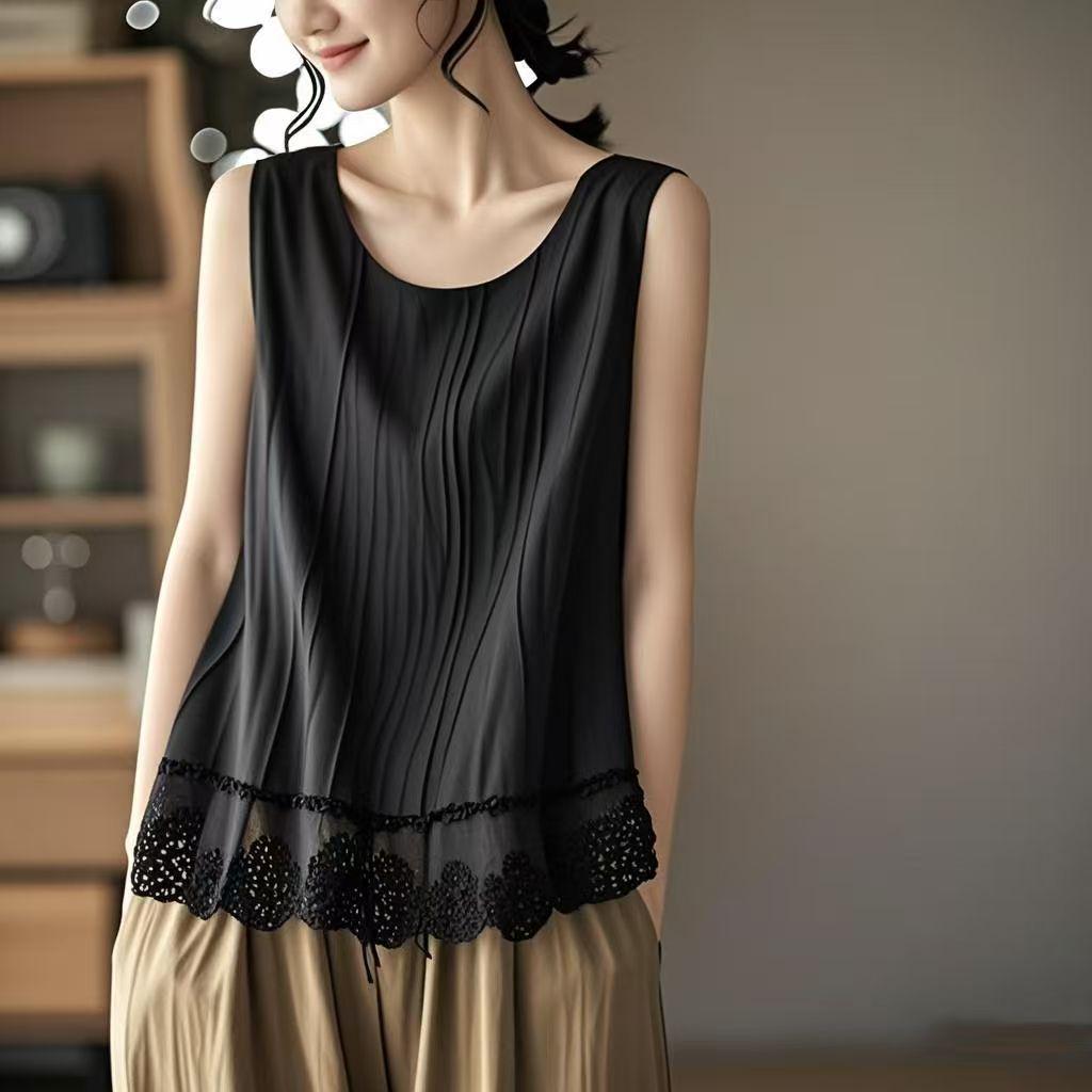 

Plus Size Lace Hem Cotton Linen Camisole for Women - Sleeveless Belly-Covering Doll Shirt (Spring/Summer 2026) XL (recommended 110-120) чорний