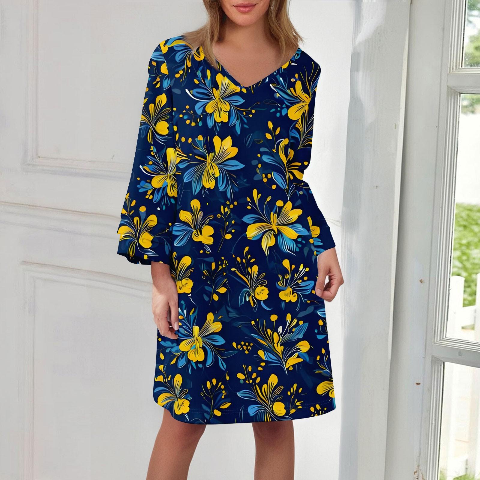 

Women s Fashion Casual Round Neck Three-quarter Sleeve Midi Dress 160 жовтий