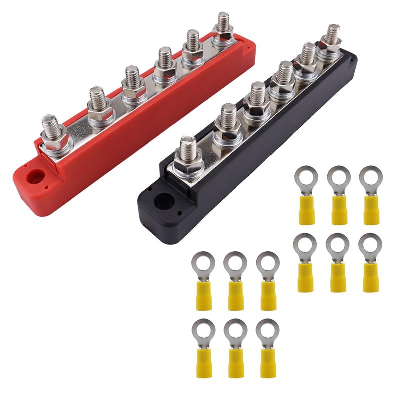 Bus Bar Marine 12V-48V Power Distribution Block with Cover with 6 x 1/4” (M6) Post Battery 12V Bus Bar for Car Boat Marine