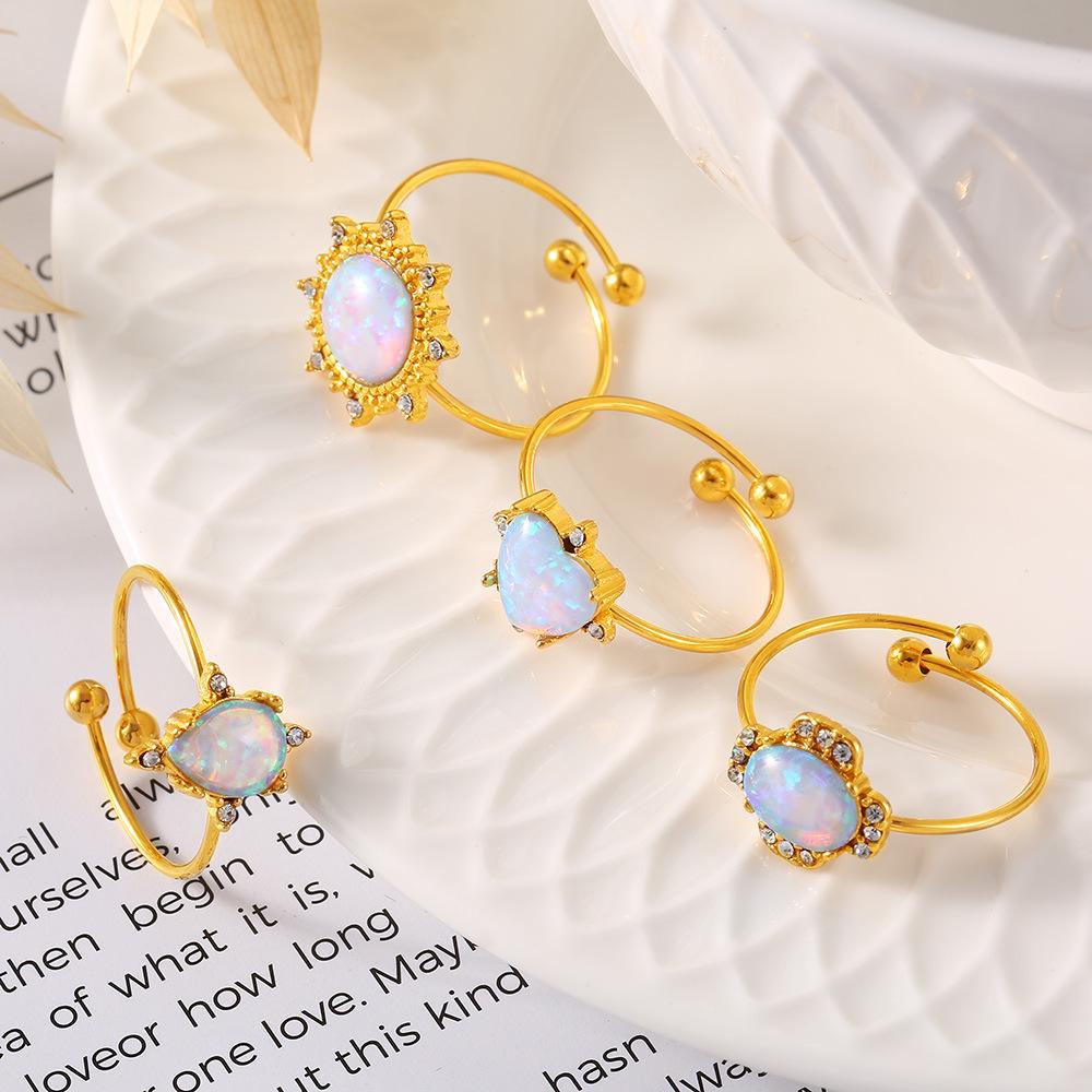 Australian Gemstone Rhinestone Ring Niche Light Luxury Opening Adjustable Stainless Steel Plated 18K Gold Jewelry Women