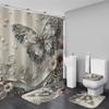 4-teilige Duschvorhang-Sets, Graue Schmetterlings-Badezimmervorhänge Duschset, Badezimmer-Deko-Sets, Duschvorhang für Badezimmer mit Teppichen
