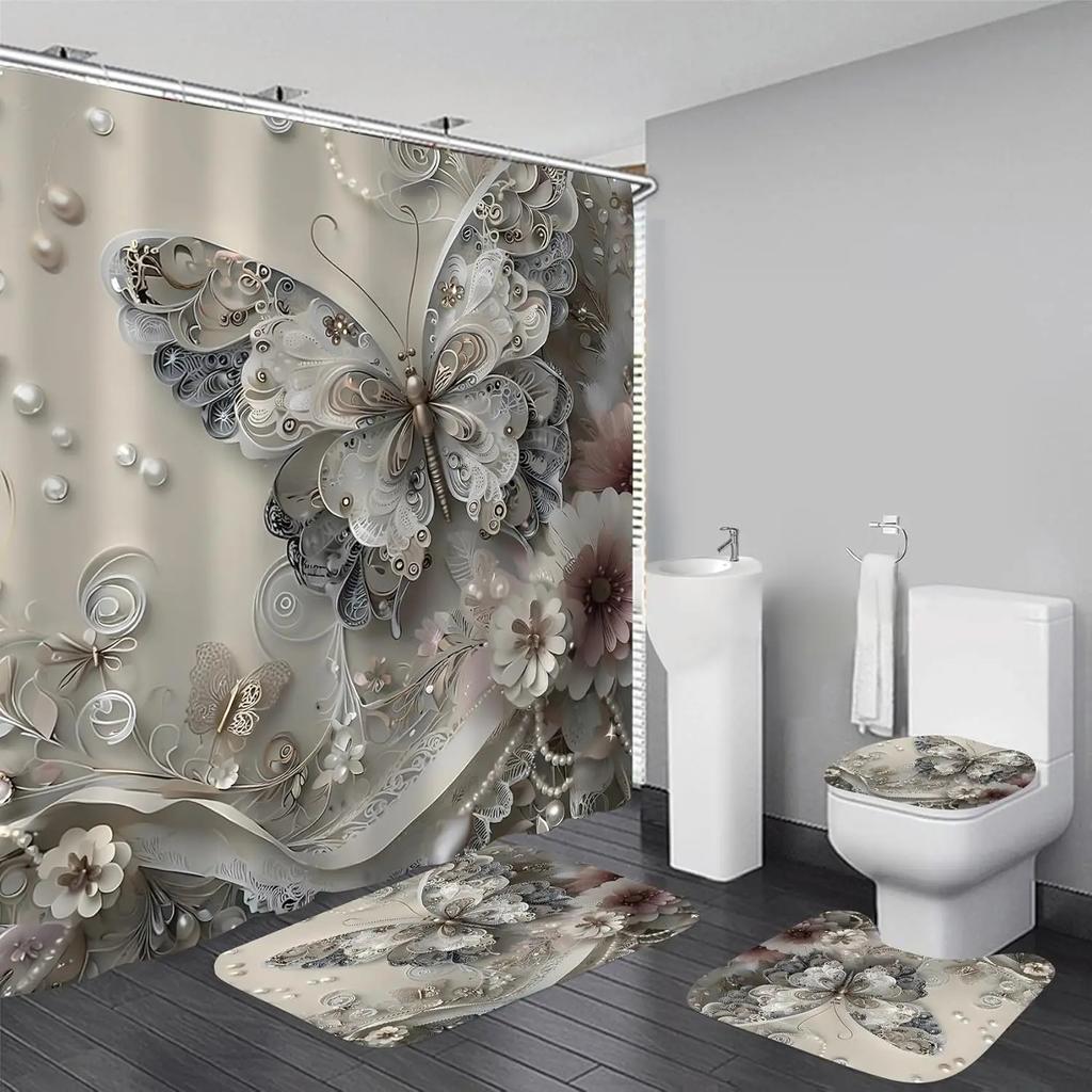 4-teilige Duschvorhang-Sets, Graue Schmetterlings-Badezimmervorhänge Duschset, Badezimmer-Deko-Sets, Duschvorhang für Badezimmer mit Teppichen