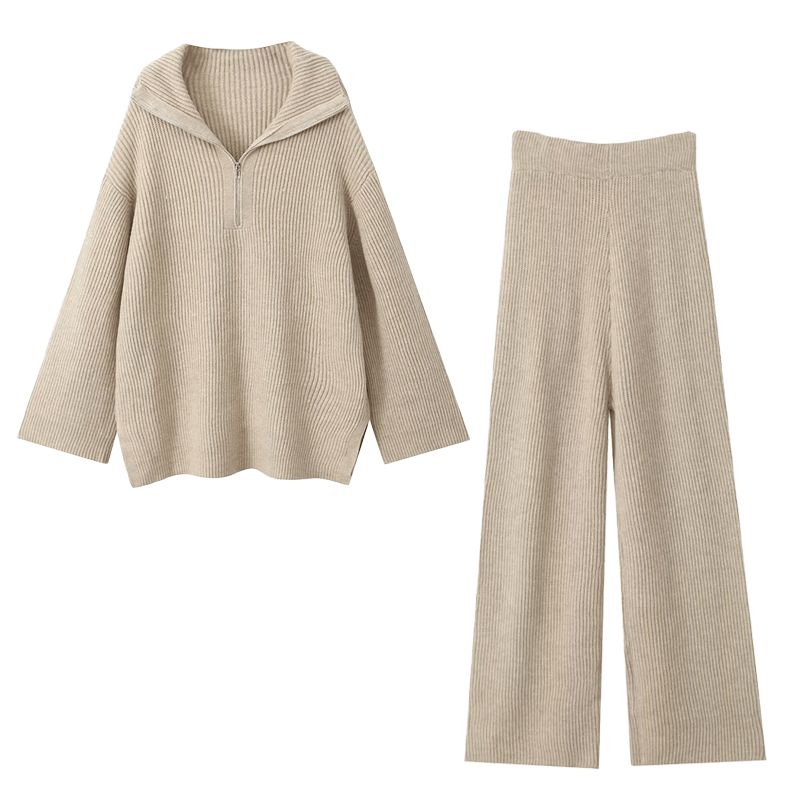 

Lanaleroy Fashionable Essence Retro Sexy Fall and Winter Fancy Lazy and Loose Sweater Straight-Leg Pants Knitting Suit Khaki All yards