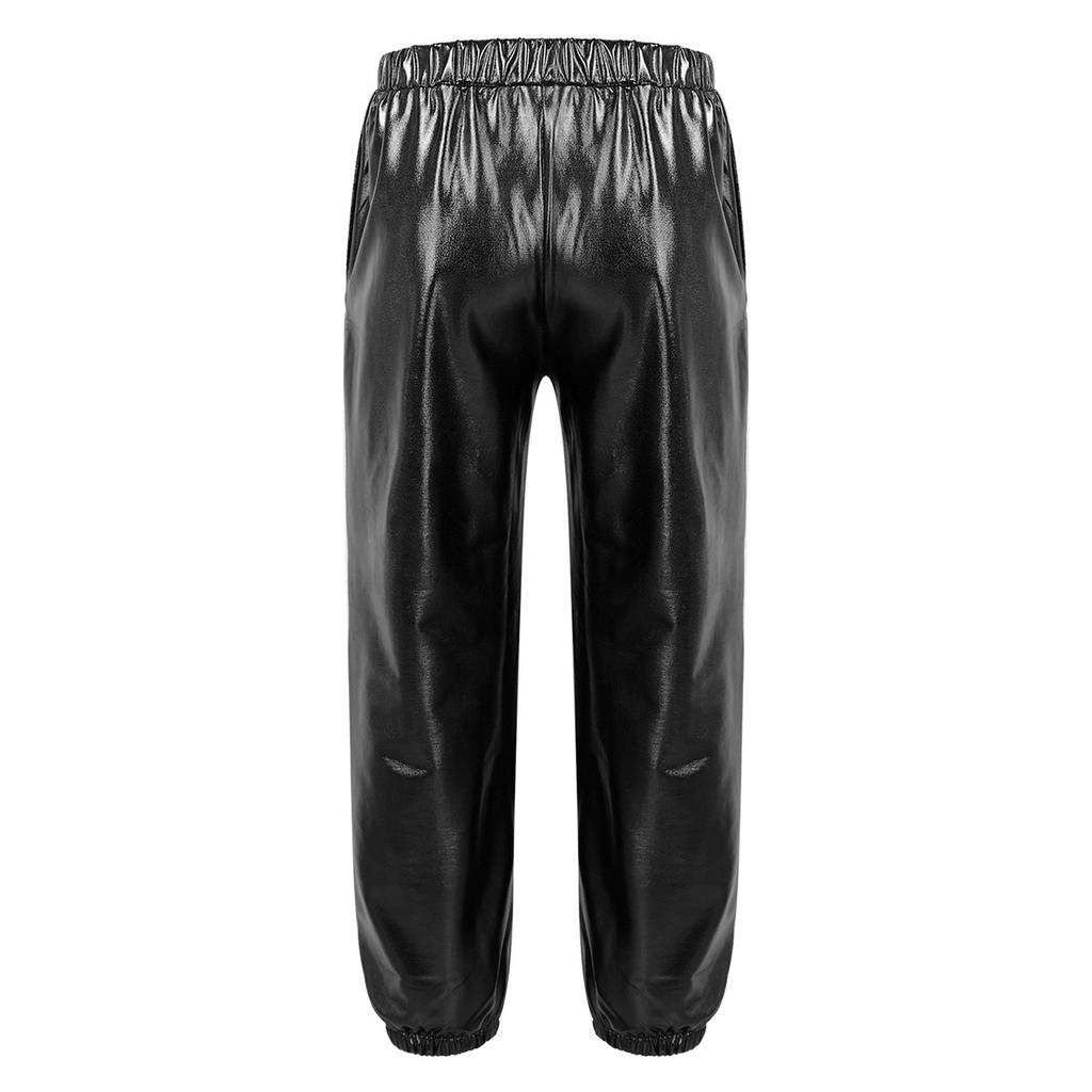Girls Metallic Shiny High Rise Elastic Waist Dance Pants Side Pockets Hip Hop Streetwear Sweatpants for Stage