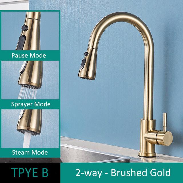 Gold & Black Brushed 304 Stainless Steel Pull-Out Kitchen Faucet for Sink & Vegetable Basin
