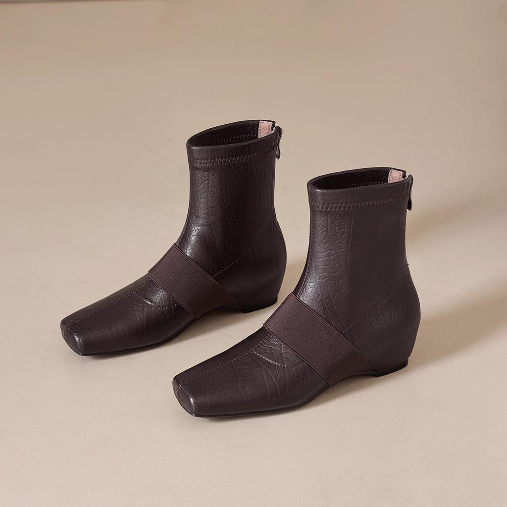 Sheepskin Version~ Retro Square Head Leather Inner Height Increase Black Short Boots Women's 2025 New Autumn and Winter Zipper Martin Boots