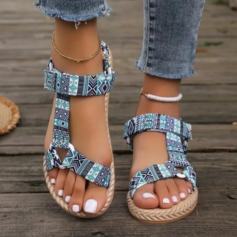 Sandalias Mujer Verano 2024 New Thin Sole Beach Shoes Comfort Wear Ethnic Style Footwear Women Casual Fish Mouth Flat Sandals