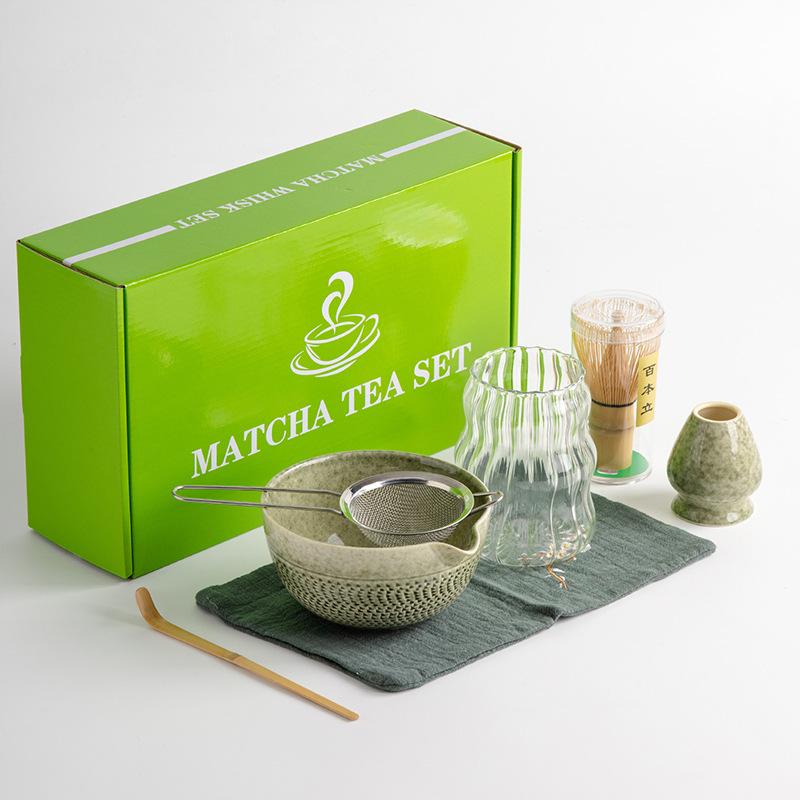 7 PCS Matcha Set Matcha Kit with Ceramic Chawan 100-Prong Matcha Whisk Tea Scoop Stand Japanese Matcha Complete Set Gift Box Seven-piece Set