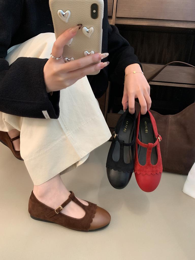 Mode Runde Zehen Damen Ballerinas Slipper Rot Schwarz Braun Mode Gürtelschnalle Slip-On Niedrig Absatz Gürtelschnalle Hohl Mode Kleiderschuhe 39