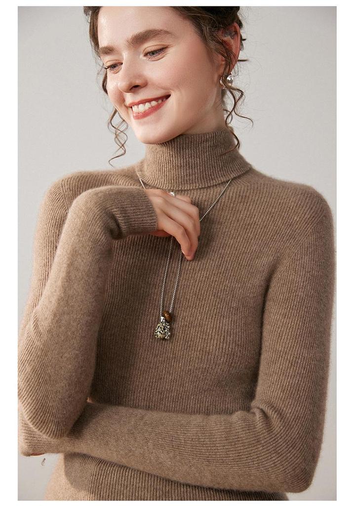 Elegant Women's High Neck Pure Cashmere Slimming Knitwear, Autumn & Winter Long Sleeve Base Layer