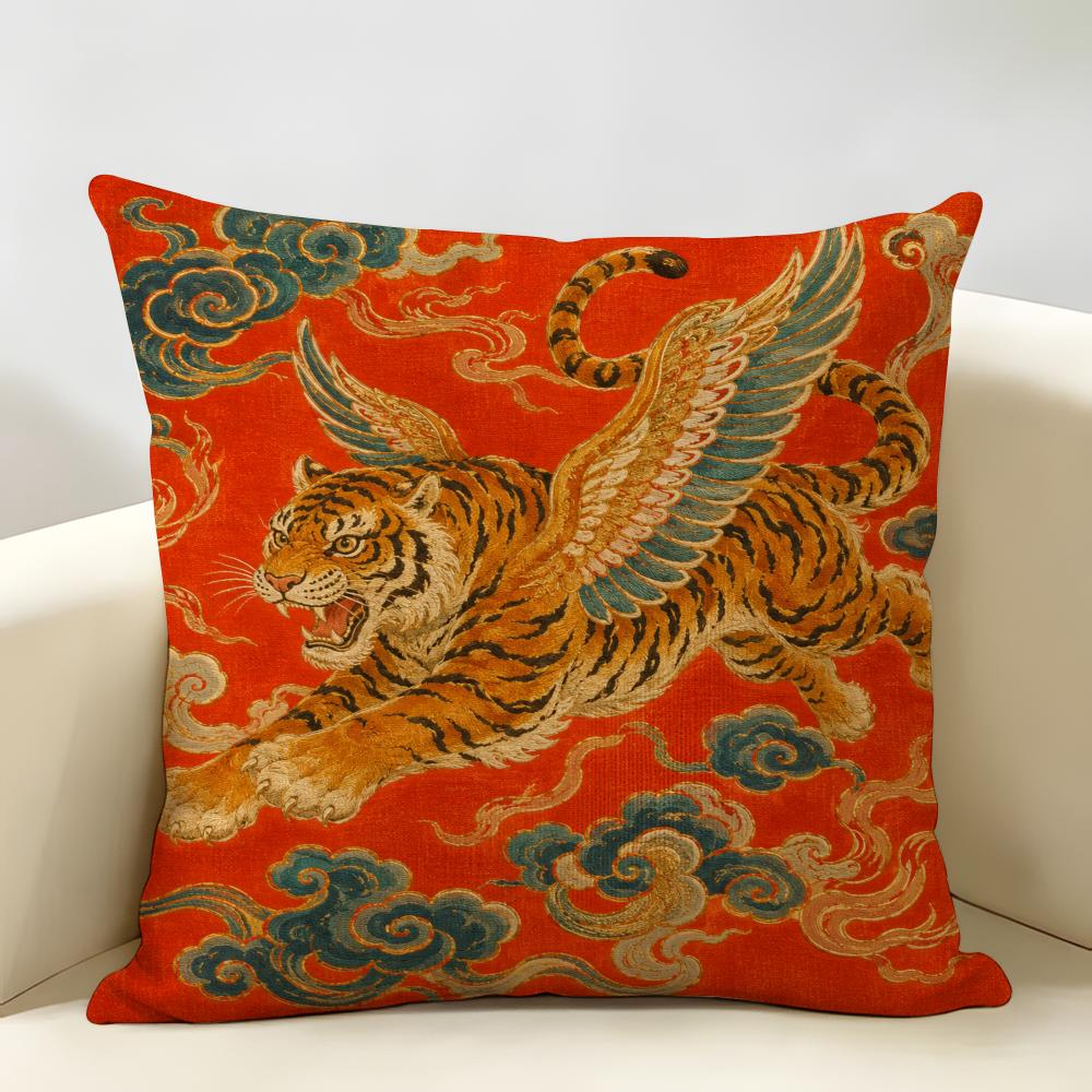 Red Chinese-style Animal Cushion Cover Natural Linen Organic Fabric Double-Sided Printing Breathable For Home Decor