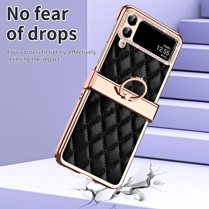 For Samsung Galaxy Z Flip 4 Case with Finger Ring Folding Screen Protective Hard PC Leather Cover Coque for Galaxy Z Flip 3 Protective Cases