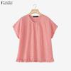 ZANZEA Women Grid Print Casual Round Neck Loose Short Sleeve Blouse