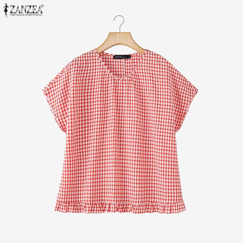 ZANZEA Women Grid Print Casual Round Neck Loose Short Sleeve Blouse