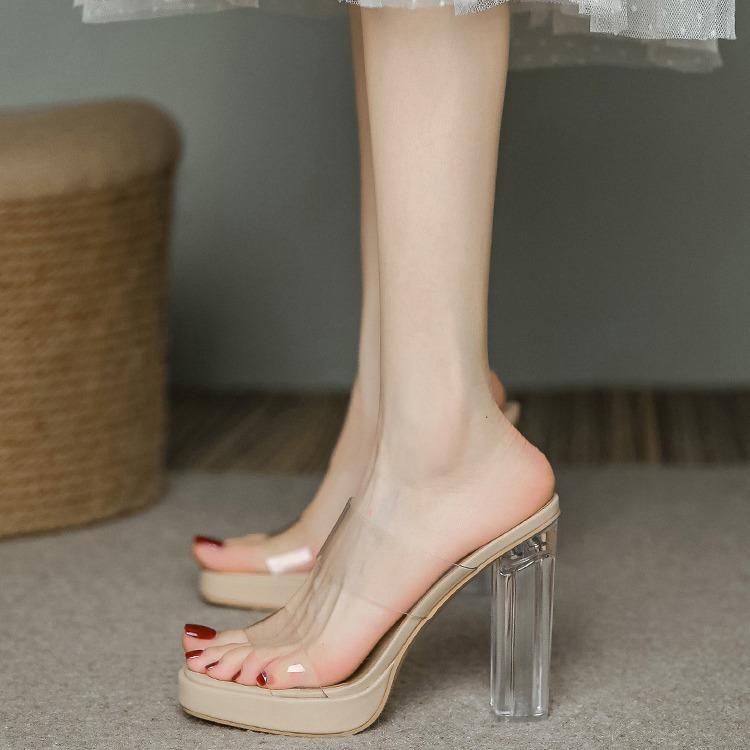 Sheepskin high-heeled transparent sandals for women's 2024 summer new waterproof table crystal heel with cool slippers for women